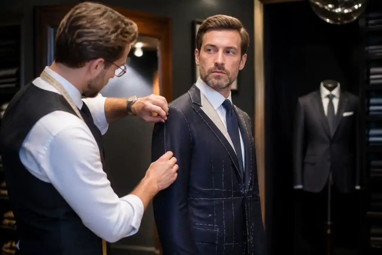 Styliste arrangant des vêtements de créateurs sur un portant minimaliste dans un loft lumineux