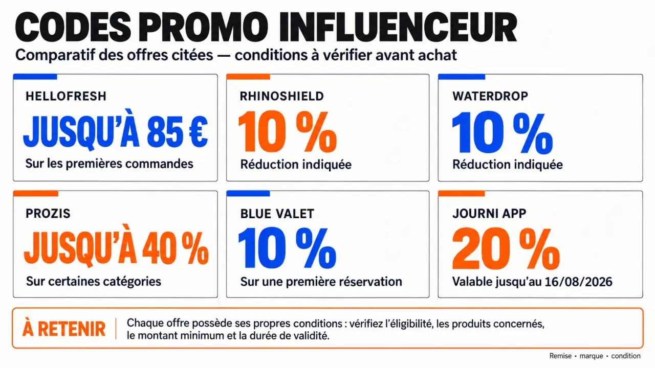 Infographie comparative des codes promo influenceur, remises et conditions de validité