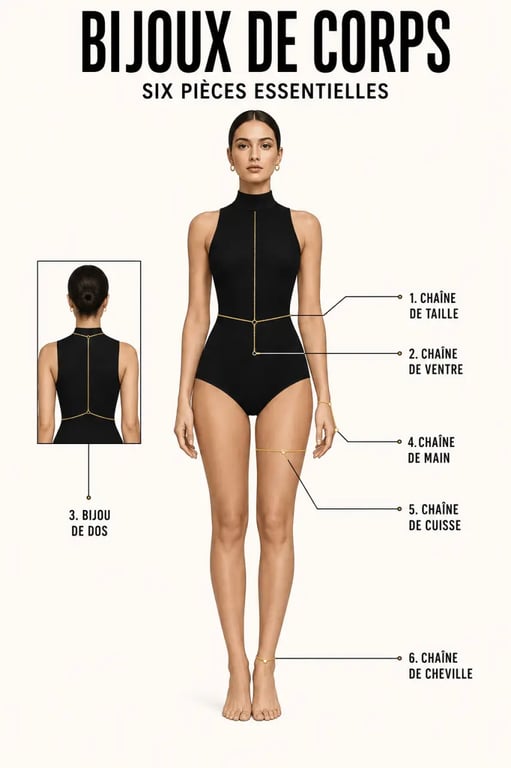 Infographie des différents bijoux de corps femme selon la zone du corps