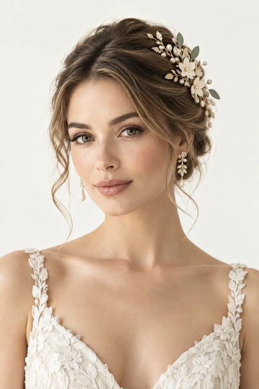 Accessoire pour un mariage porté par une mariée : peigne floral et boucles d’oreilles élégantes