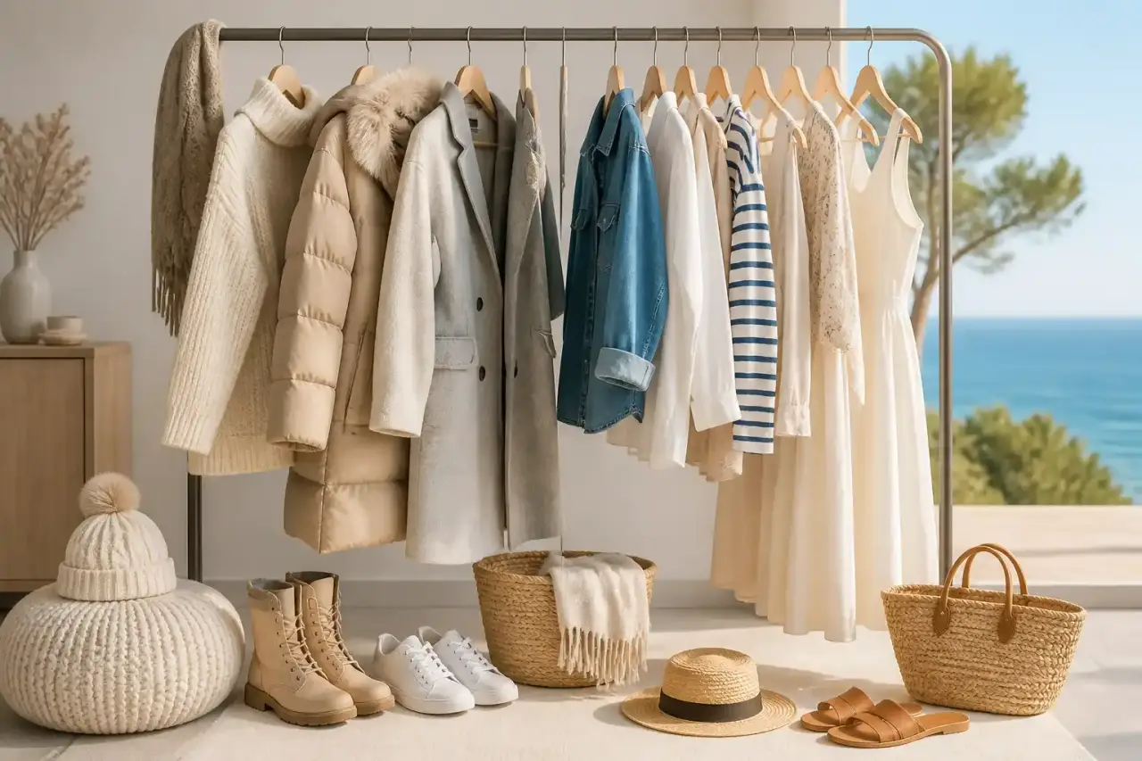 Capsule wardrobe saisonnière avec vêtements élégants et lumineux