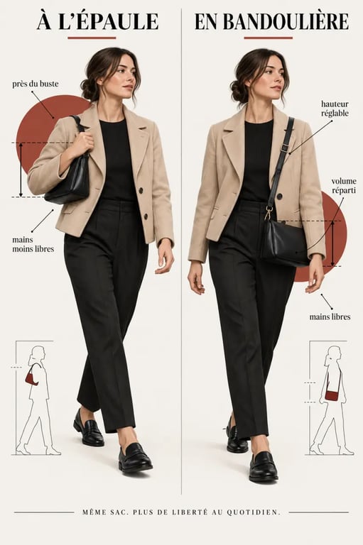 Sacs épaule femme porté à l'épaule et en bandoulière pour comparer le confort