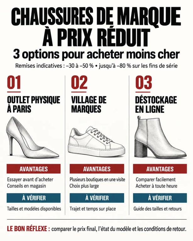 Outlet chaussures femme Paris : infographie des options de déstockage et des niveaux de remise