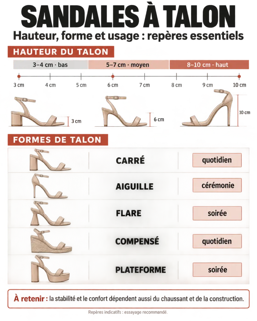 Infographie des hauteurs et formes de sandales à talon pour femme selon les usages