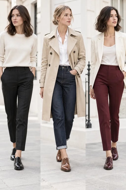 Trois idées de looks avec des chaussures richelieu femme, du jean retroussé au pantalon cigarette