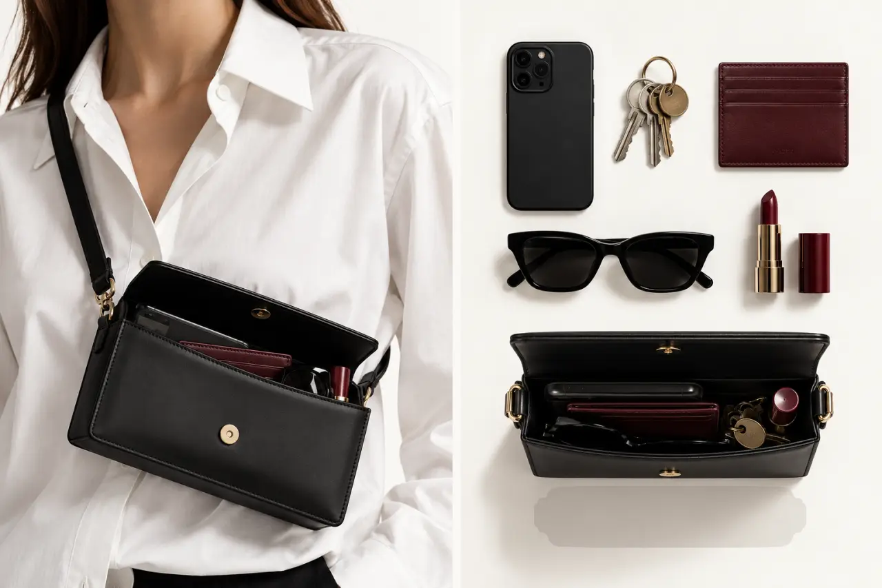 Petit sac à main porté avec téléphone, clés, porte-cartes et autres essentiels