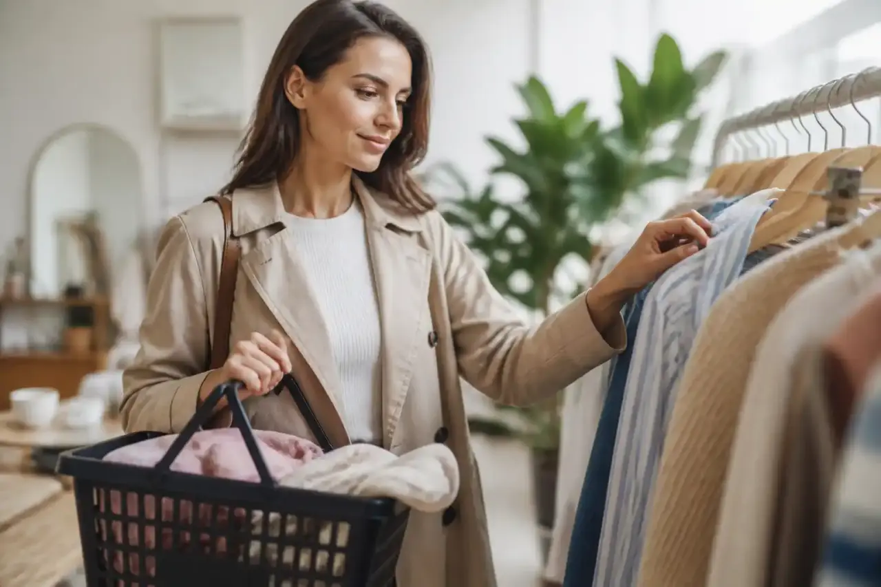 Styliste élégant organisant des pièces de mode sur un portant minimaliste dans un loft lumineux