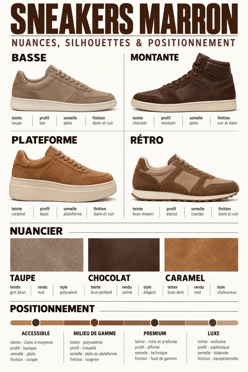 Infographie comparative des sneakers marron selon la nuance, la forme et le niveau de prix