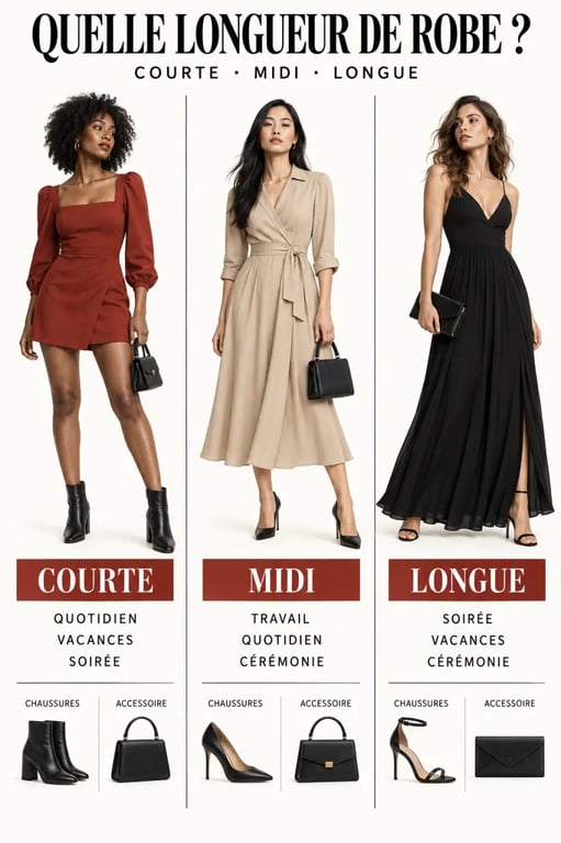 Guide visuel pour choisir une robe pa cher pour femme selon la longueur et l'occasion