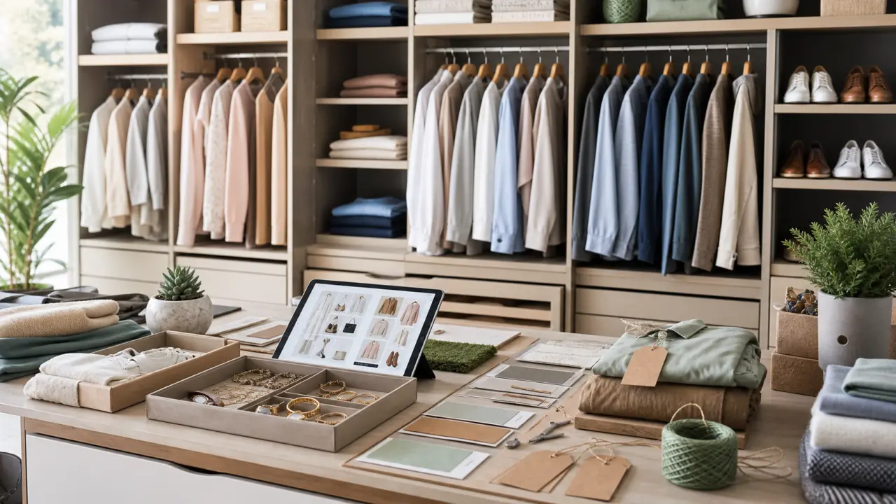 Styliste arrangeant des vêtements sur un portant minimaliste dans un loft lumineux
