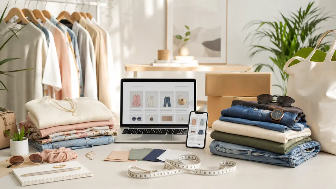 Styliste arrangeant des vêtements dans un décor lumineux et chic