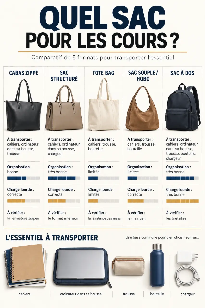 Comparatif visuel des formats de sac à main pour les cours