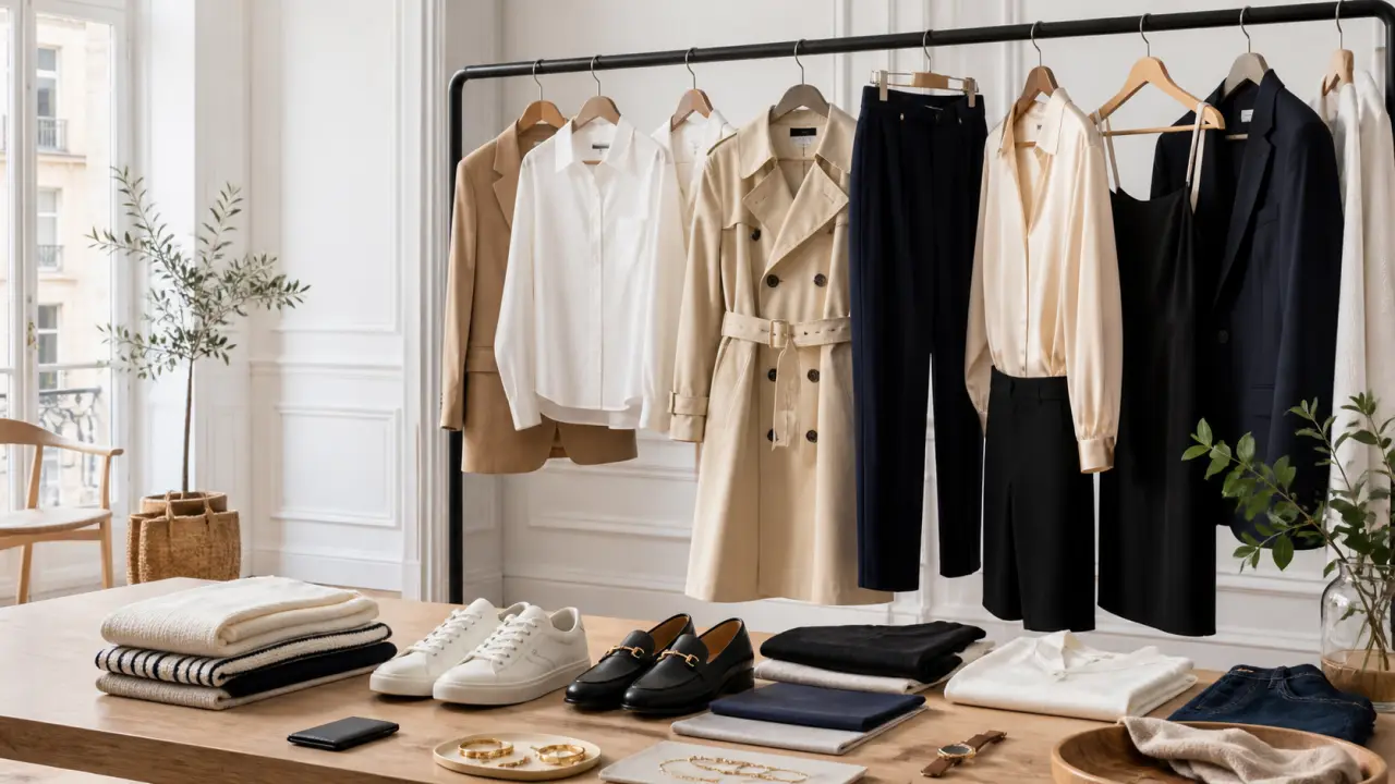 Styliste arrangeant une sélection de vêtements chic dans un loft lumineux