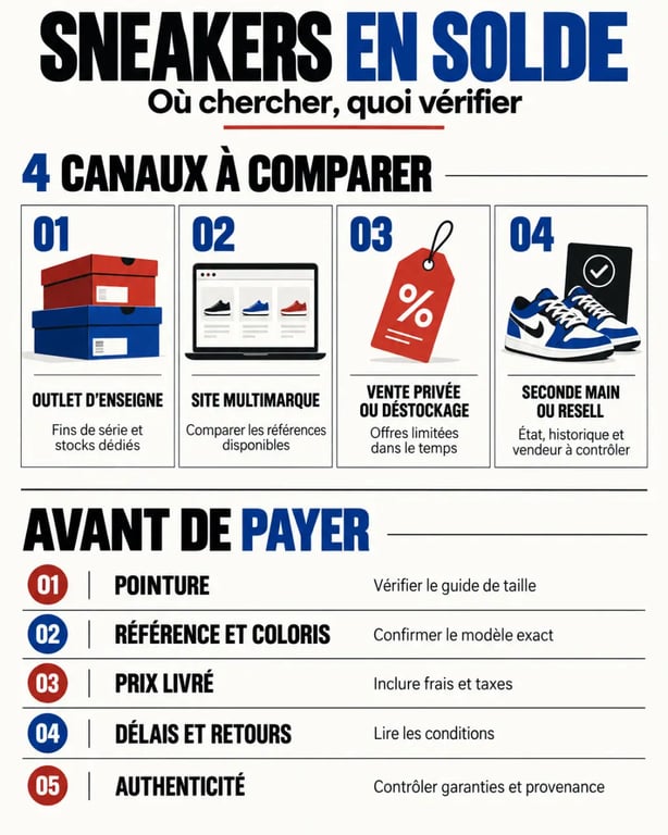 Infographie pour acheter des sneakers en solde en comparant les canaux et les vérifications essentielles