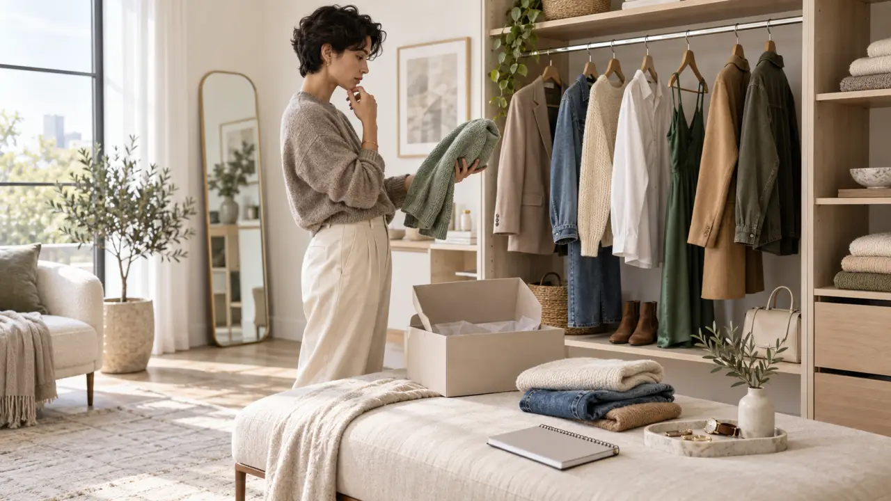 Sélection de vêtements et accessoires soigneusement coordonnés dans un dressing élégant