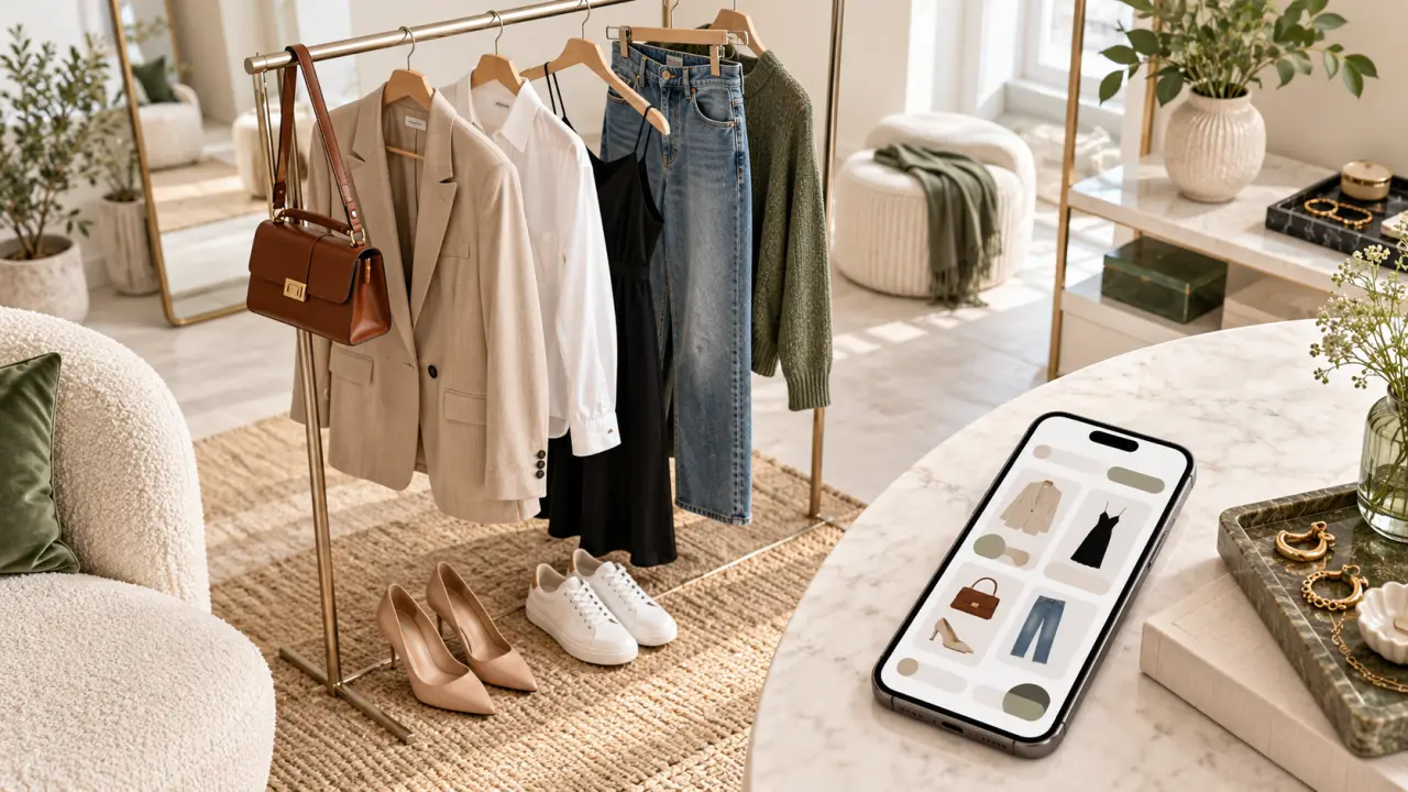Sélection de vêtements et accessoires de seconde main soigneusement présentés