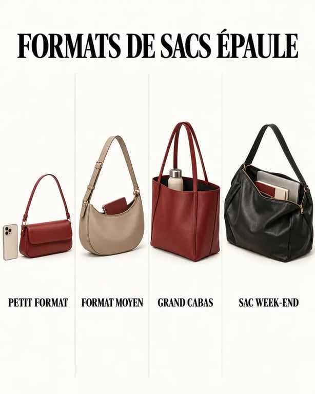 Sacs épaule femme de petit, moyen, grand et très grand format comparés selon leur usage