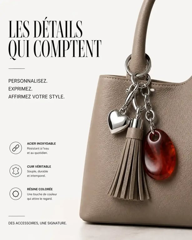 Bijoux de sacs variés accrochés à l'anse d'un sac en cuir
