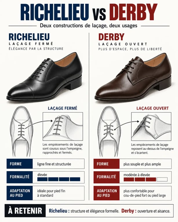 Infographie comparant une chaussure richelieu femme et une derby femme selon le laçage et le chaussant