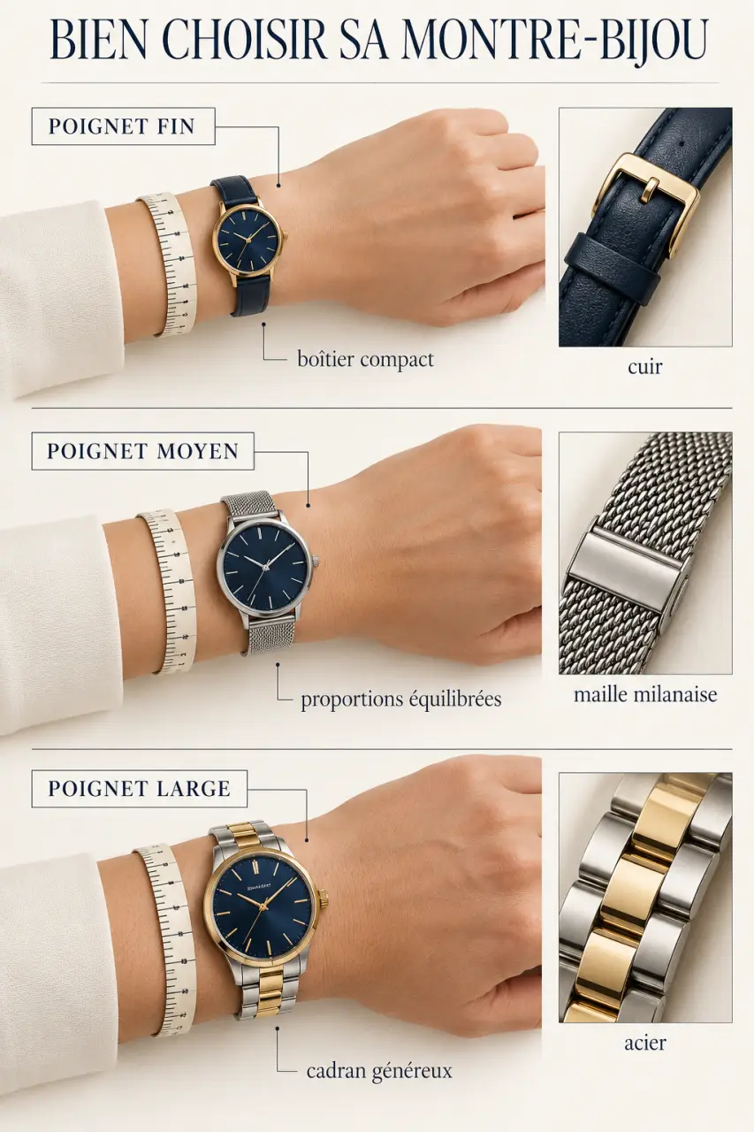 Guide visuel des proportions d’une montre bijoux femme originale selon la taille du poignet