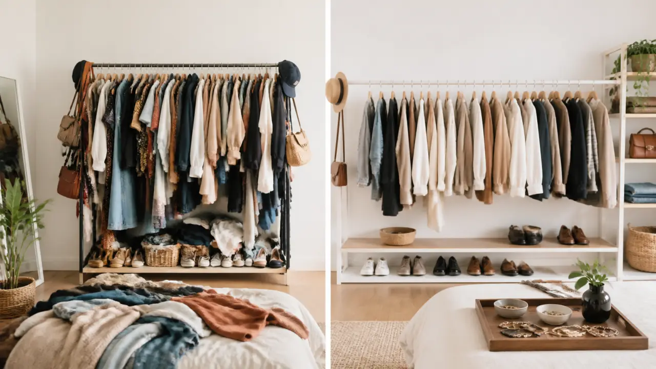 Styliste organisant un vestiaire raffiné dans un intérieur lumineux