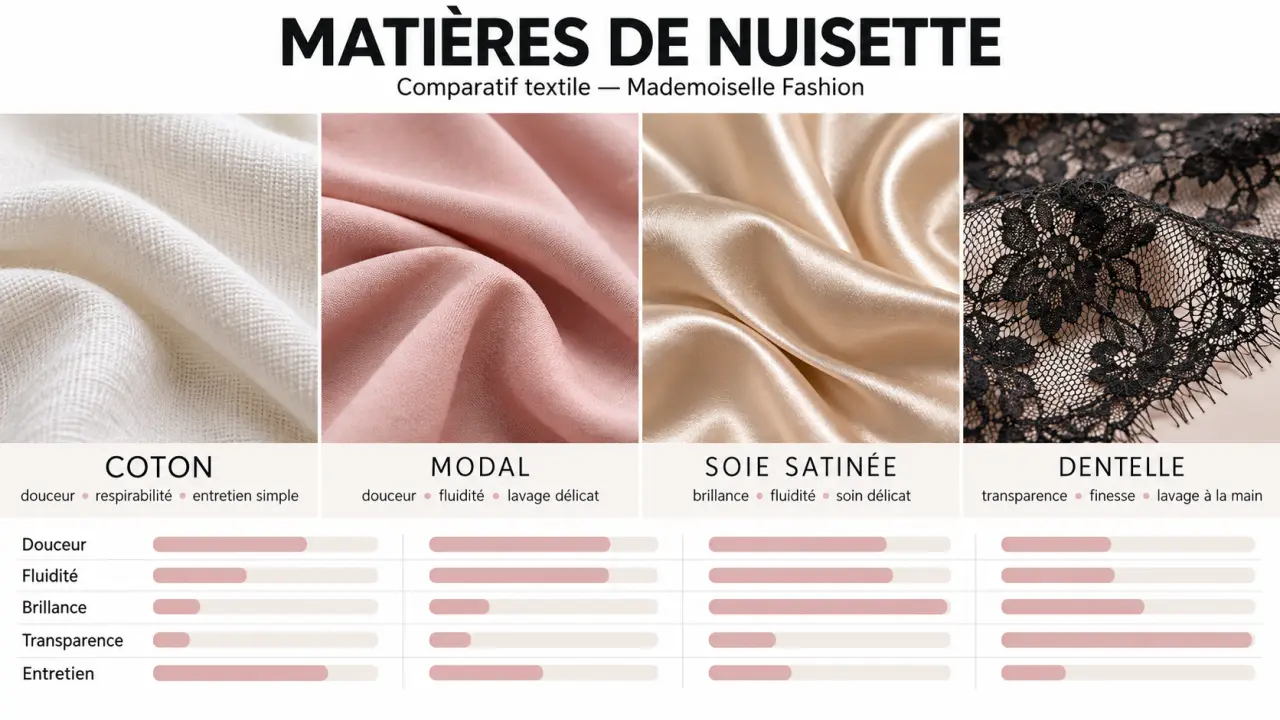 Comparaison des matières d’une nuisette Mademoiselle Fashion : coton, modal, soie satinée et dentelle
