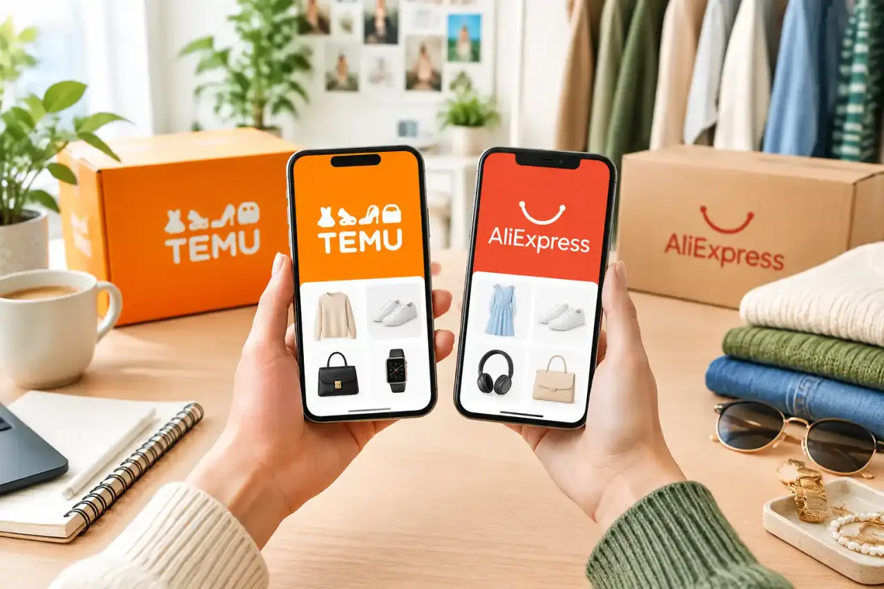 Sélection d'accessoires et de vêtements pour comparer Temu et AliExpress