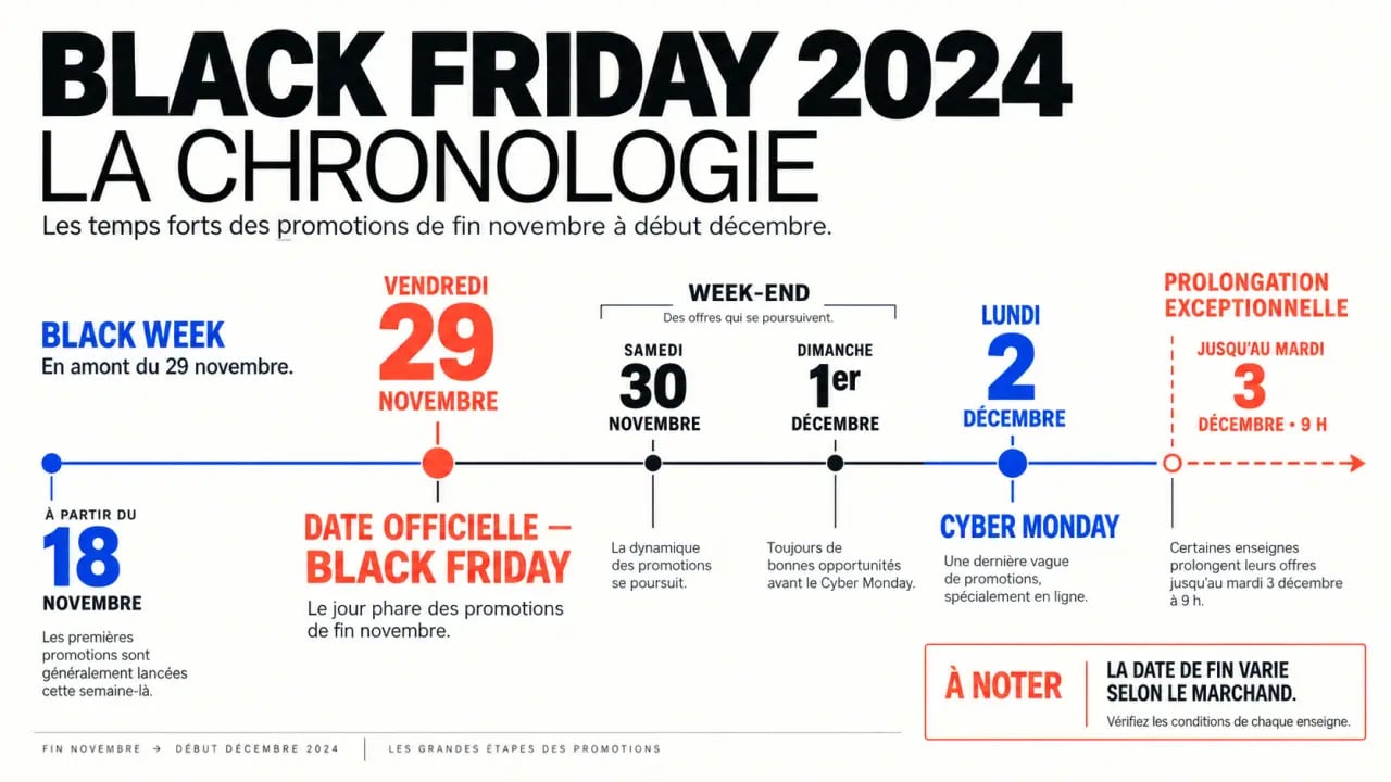 Infographie Black Friday 2024 jusqu'à quand : dates officielles, Cyber Monday et prolongations