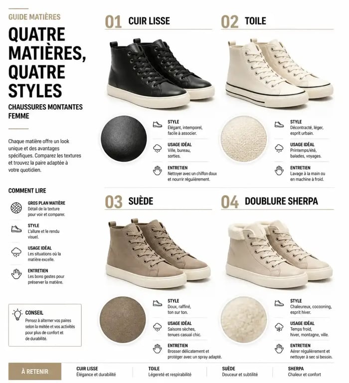 Comparatif visuel des matières de chaussures montantes femme en cuir, toile, suède et sherpa