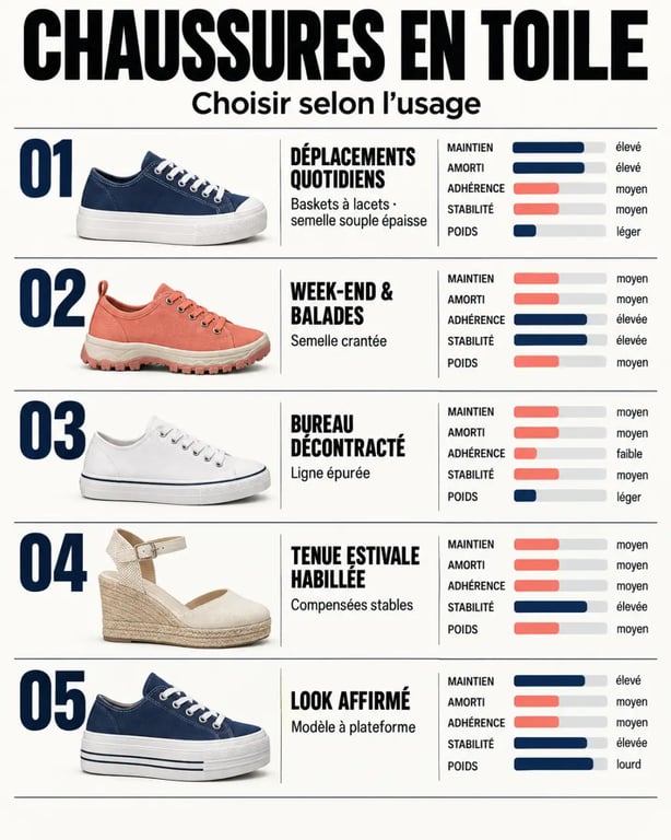 Infographie pour choisir des chaussures en toile femmes selon l’usage, le confort et le style