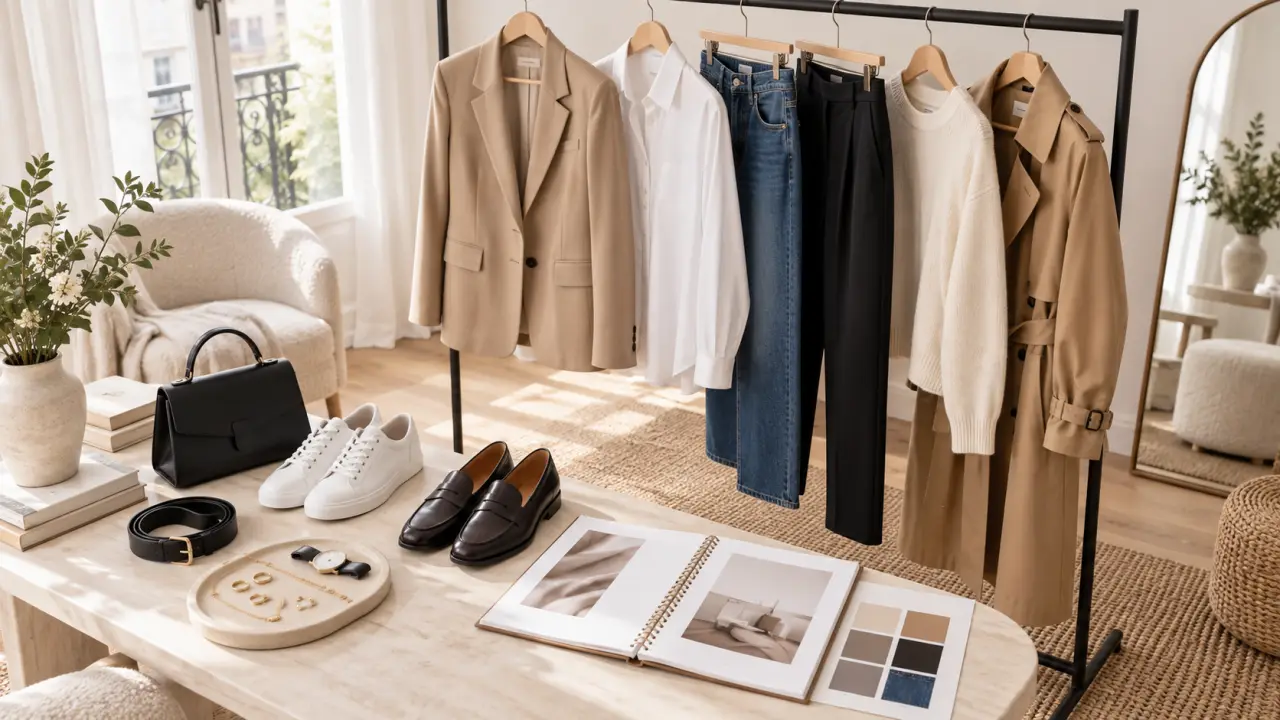 Sélection de vêtements élégants composant une capsule chic et minimaliste