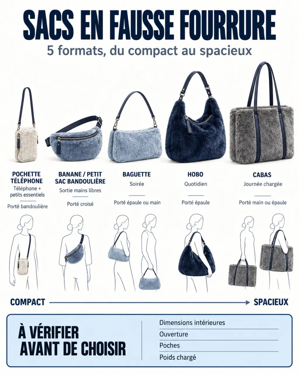 Infographie pour choisir un sac fausse fourrure selon le format et la capacité